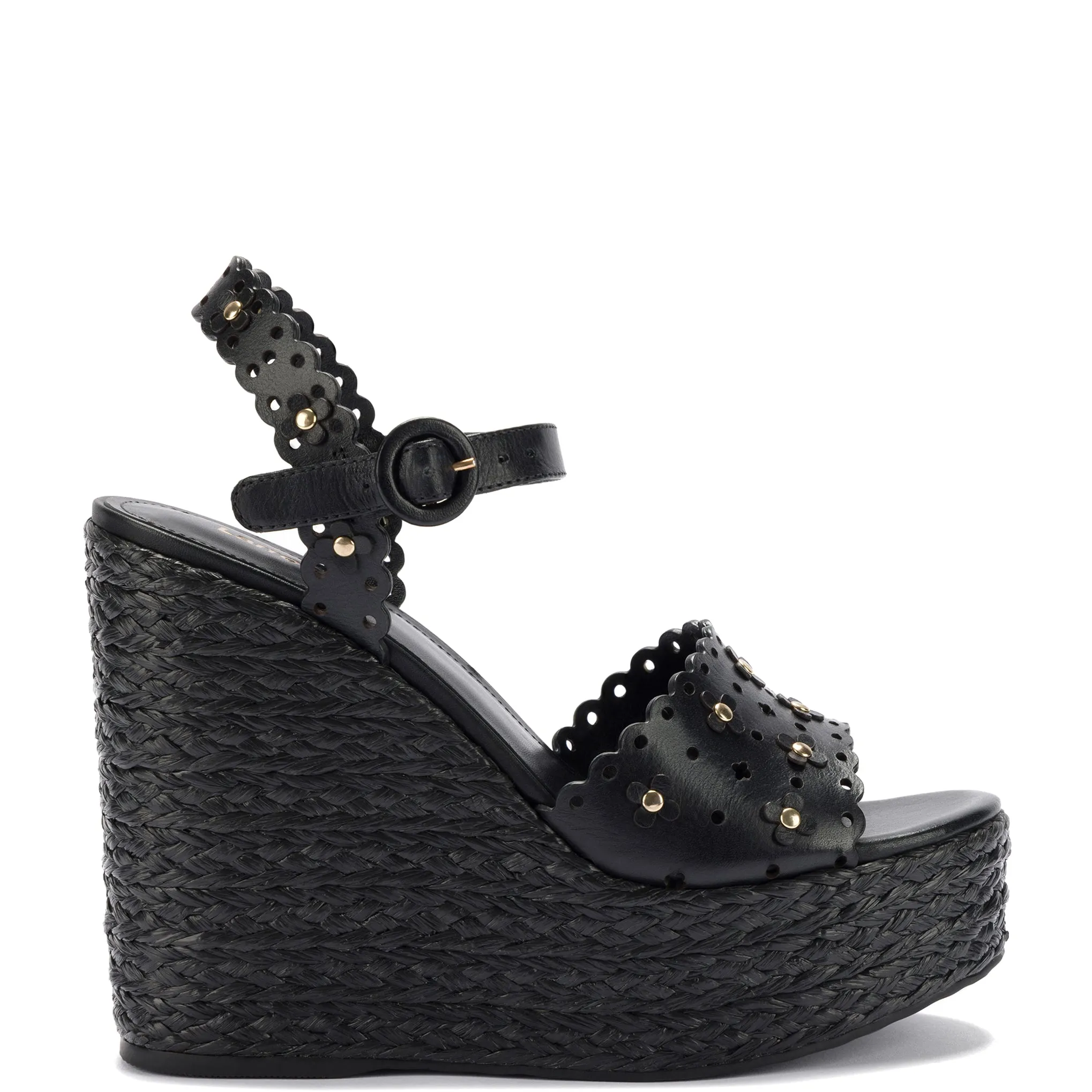Jasmine Wedge In Black Leather sold by Larroude