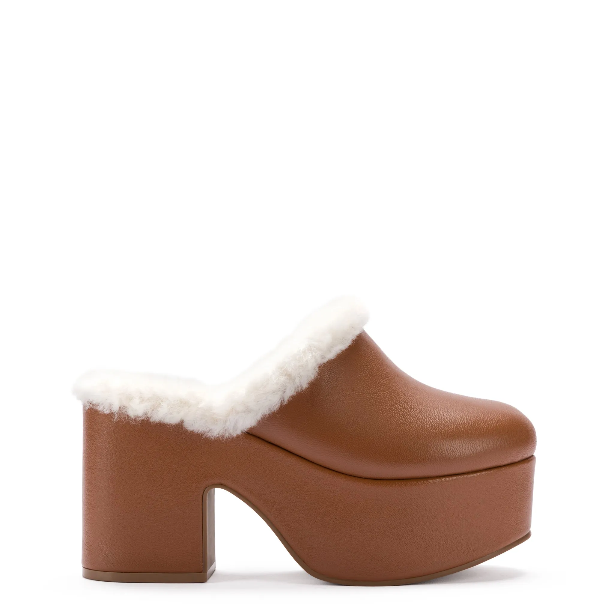 Miso Platform Clog In Caramel Leather and Natural Shearling sold by Larroude
