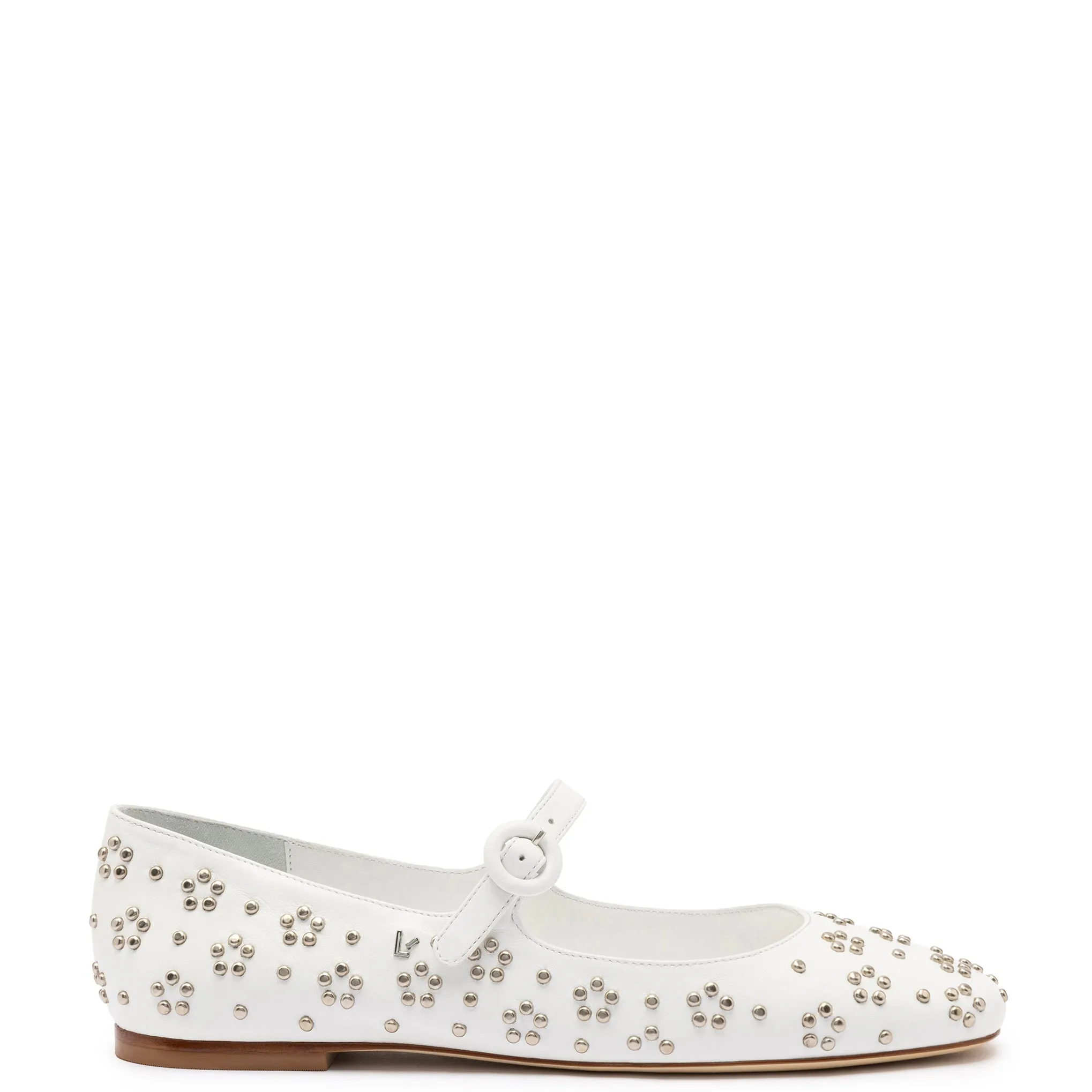 Blair Ballet Flat In White Leather and Metallic Studs sold by Larroude