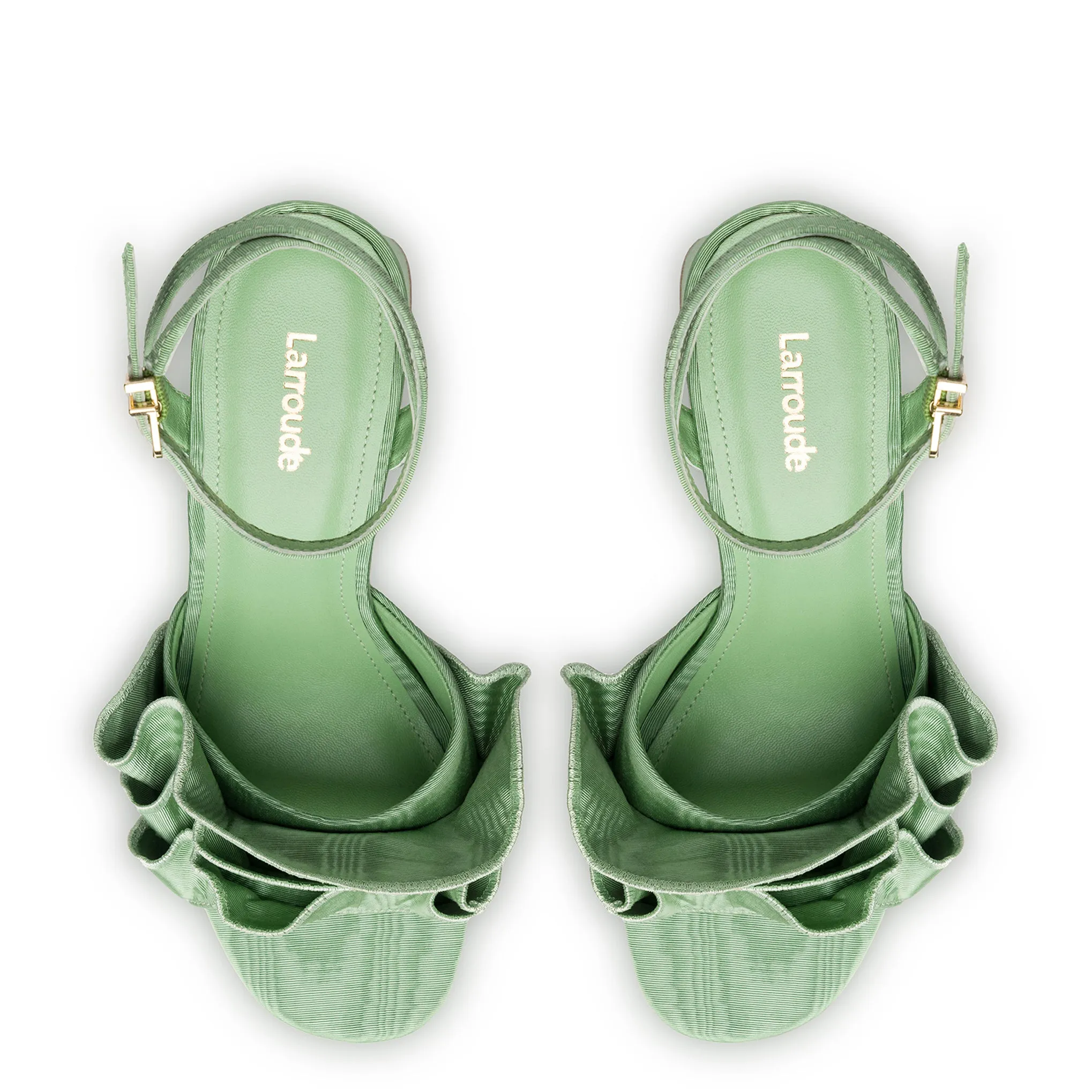 Selena Ruffle Sandal In Pistacchio Fabric sold by Larroude product image thumbnail 3