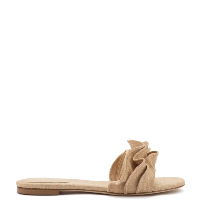 Ivy Ruffle Flat Mule In Beige Raffia sold by Larroude