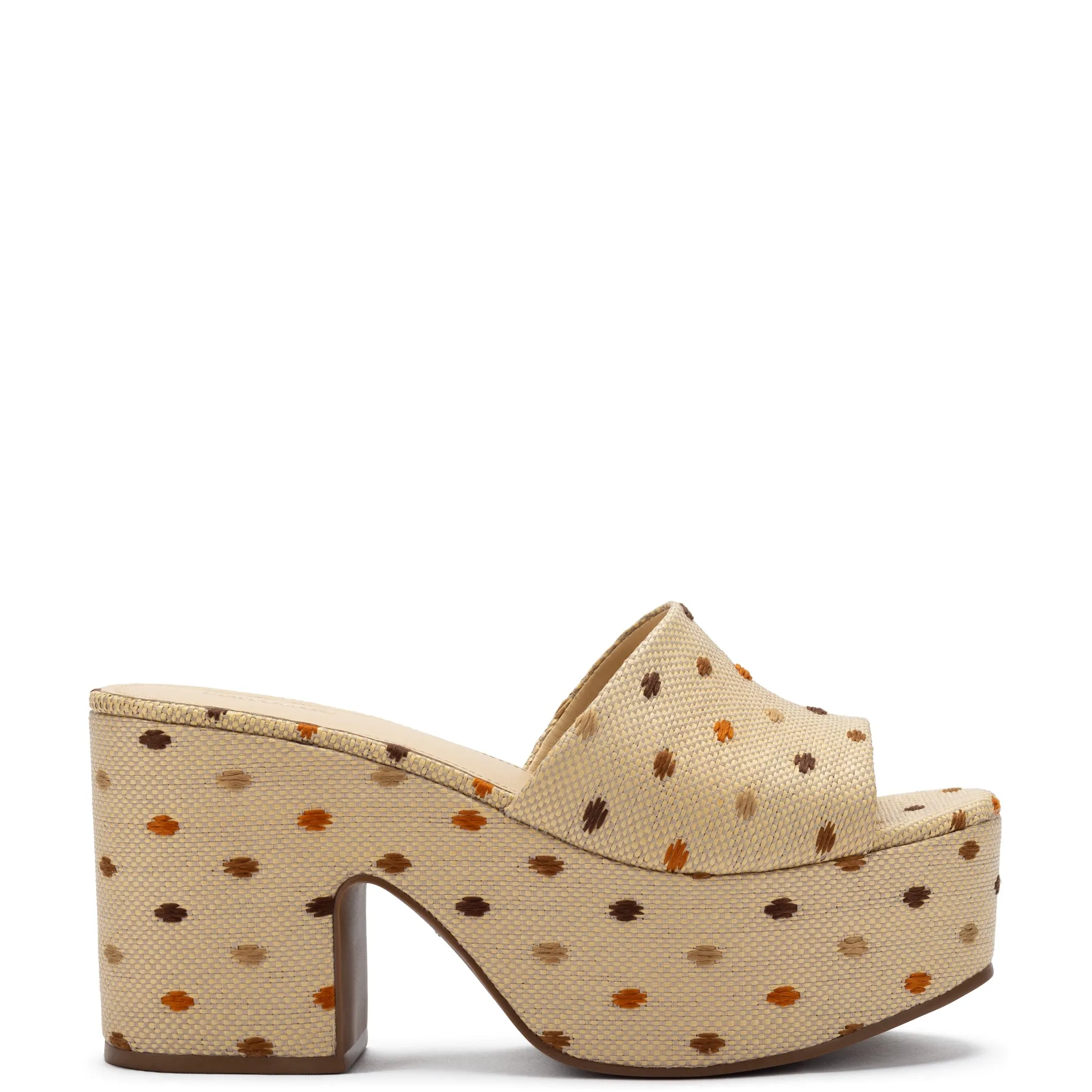 Miso Platform Sandal In Natural Raffia and Polka Dot Emboridery sold by Larroude
