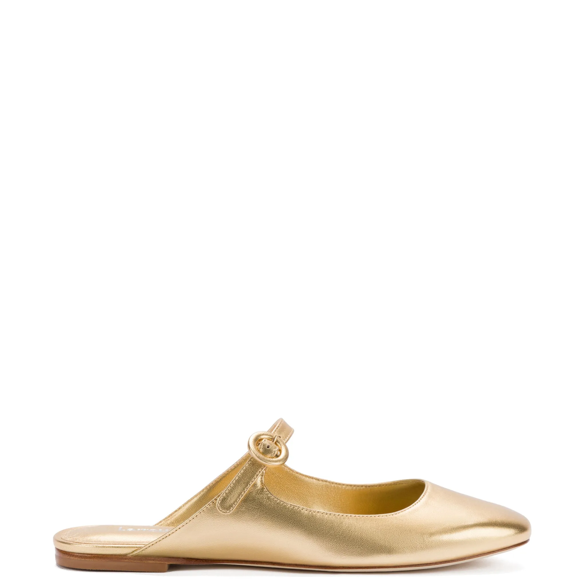 Blair Flat Mule In Gold Metallic Leather sold by Larroude