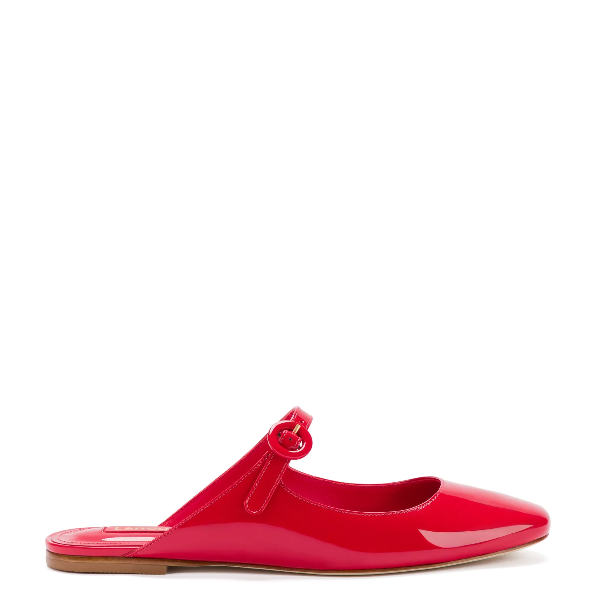Blair Flat Mule In Scarlet Patent Leather sold by Larroude