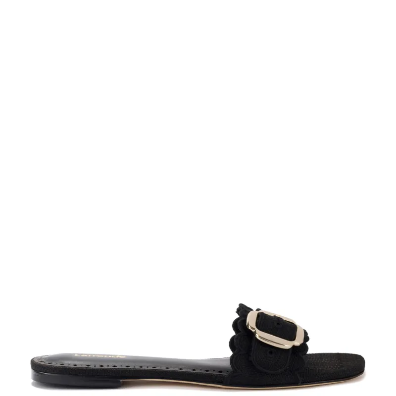 Ivy Broderie Flat Mule In Black Raffia sold by Larroude
