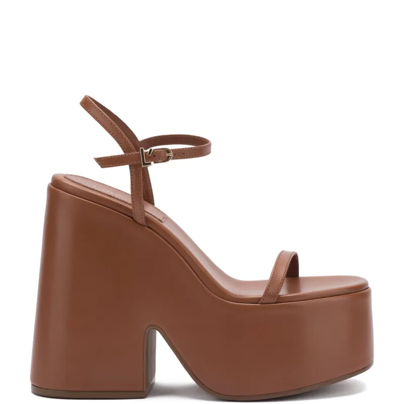 Wanda Platform Sandal In Caramel Leather sold by Larroude