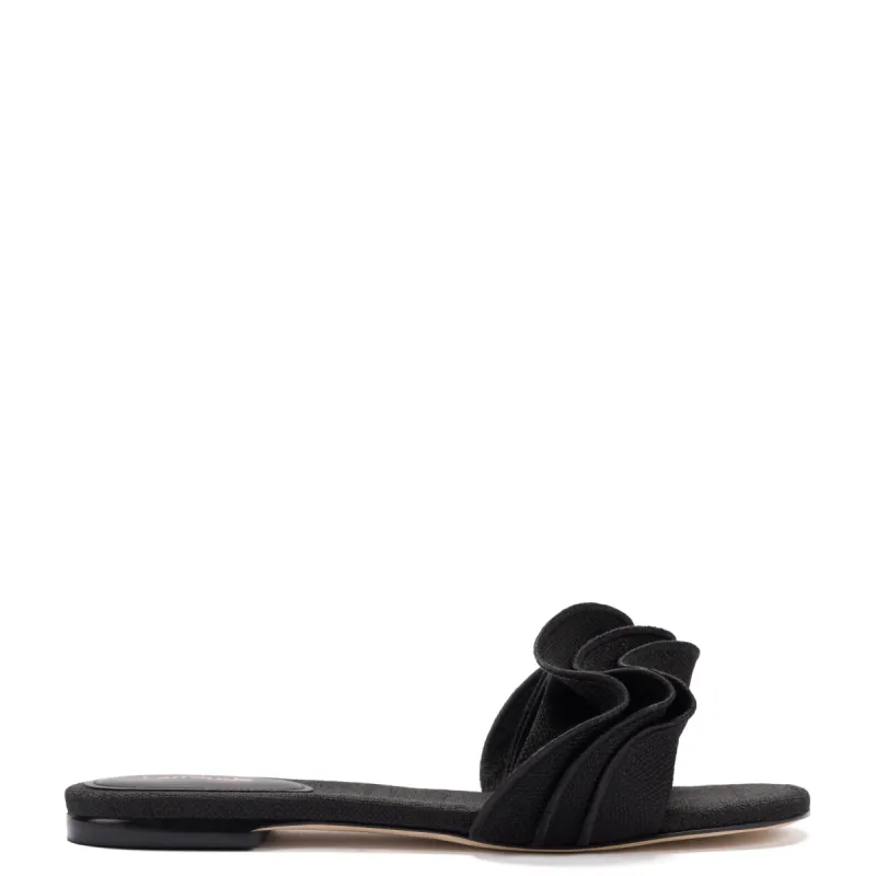 Ivy Ruffle Flat Mule In Black Raffia sold by Larroude
