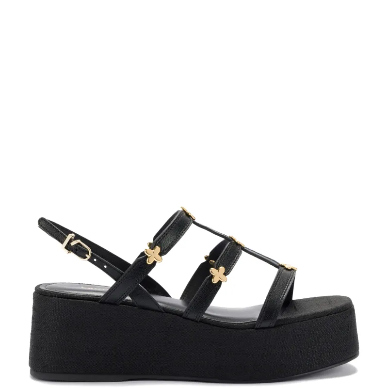 Harmony Flatform Sandal In Black Raffia sold by Larroude