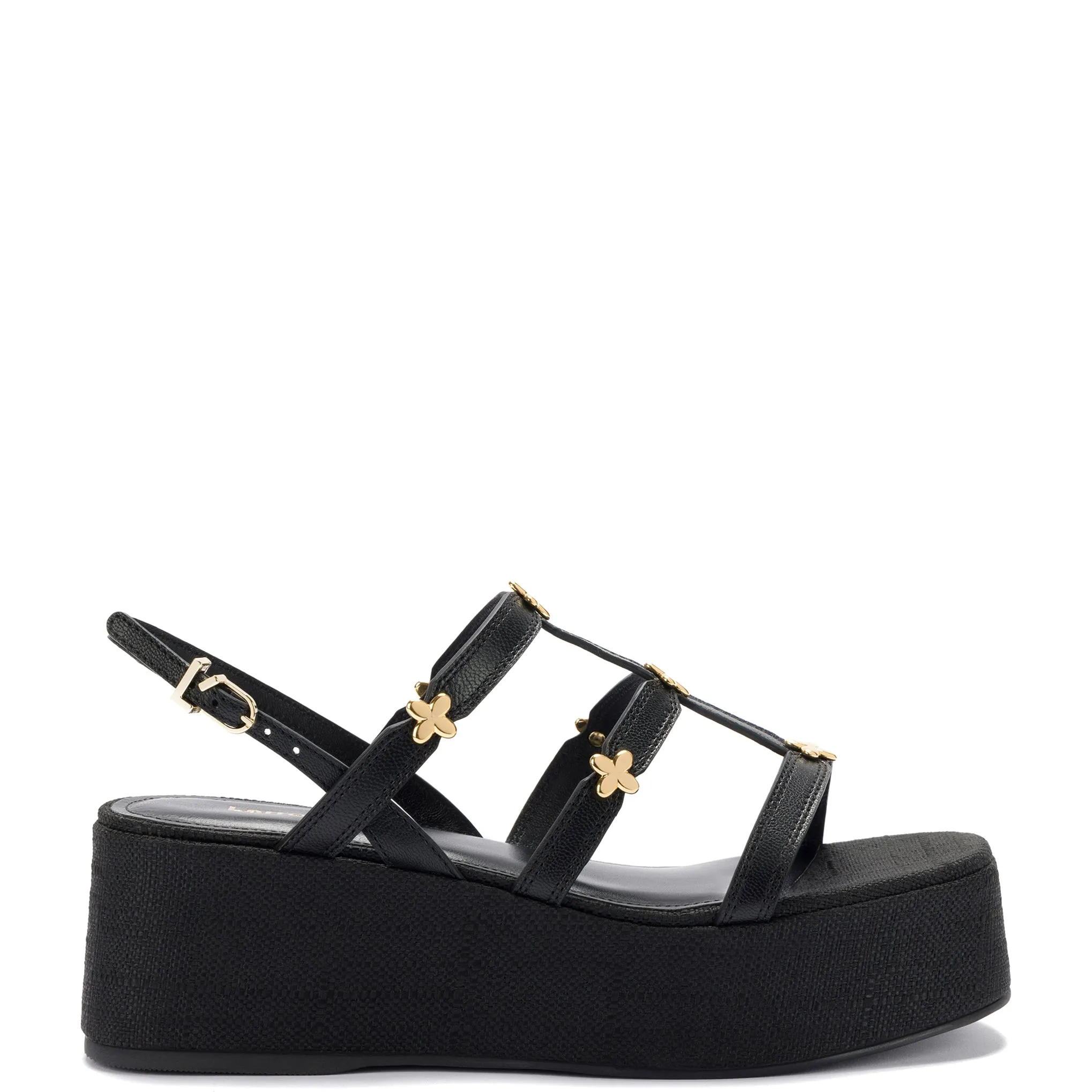 Harmony Flatform Sandal In Black Raffia sold by Larroude