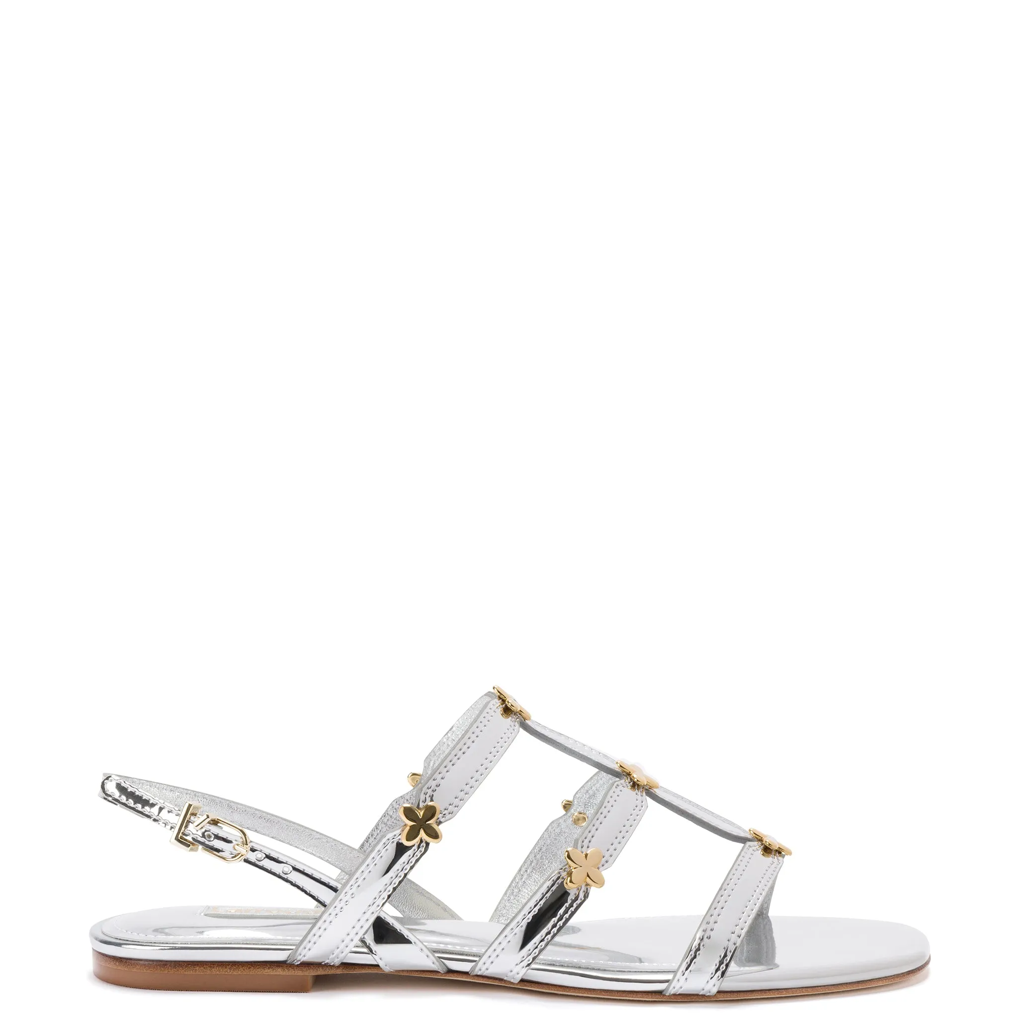 Harmony Flat Sandal In Silver Specchio sold by Larroude