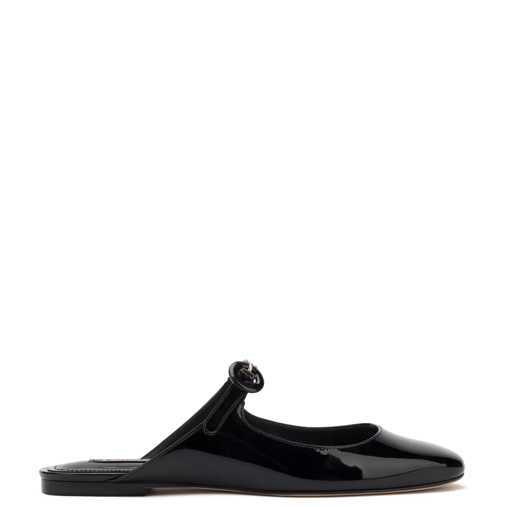 Blair Flat Mule In Black Patent Leather sold by Larroude