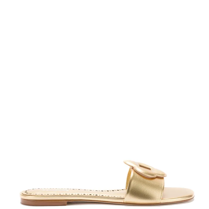 Flora Flat Mule In Gold Metallic Leather sold by Larroude