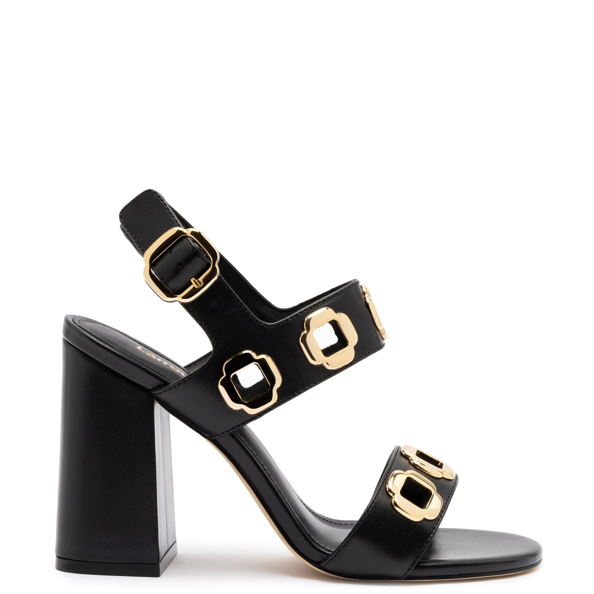 Milan Hi Sandal In Black Leather sold by Larroude