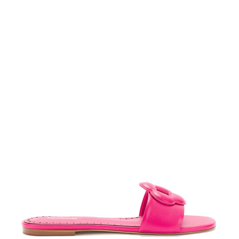 Flora Flat Mule In Pink Leather sold by Larroude