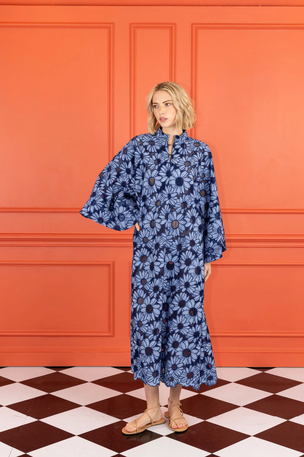 tonal blue flat lace maxi caftan sold by Larroude