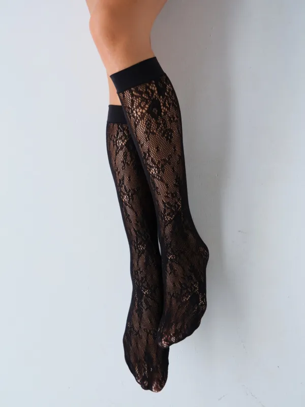 Rosa Lace Knee-Highs Black sold by Fruity Booty