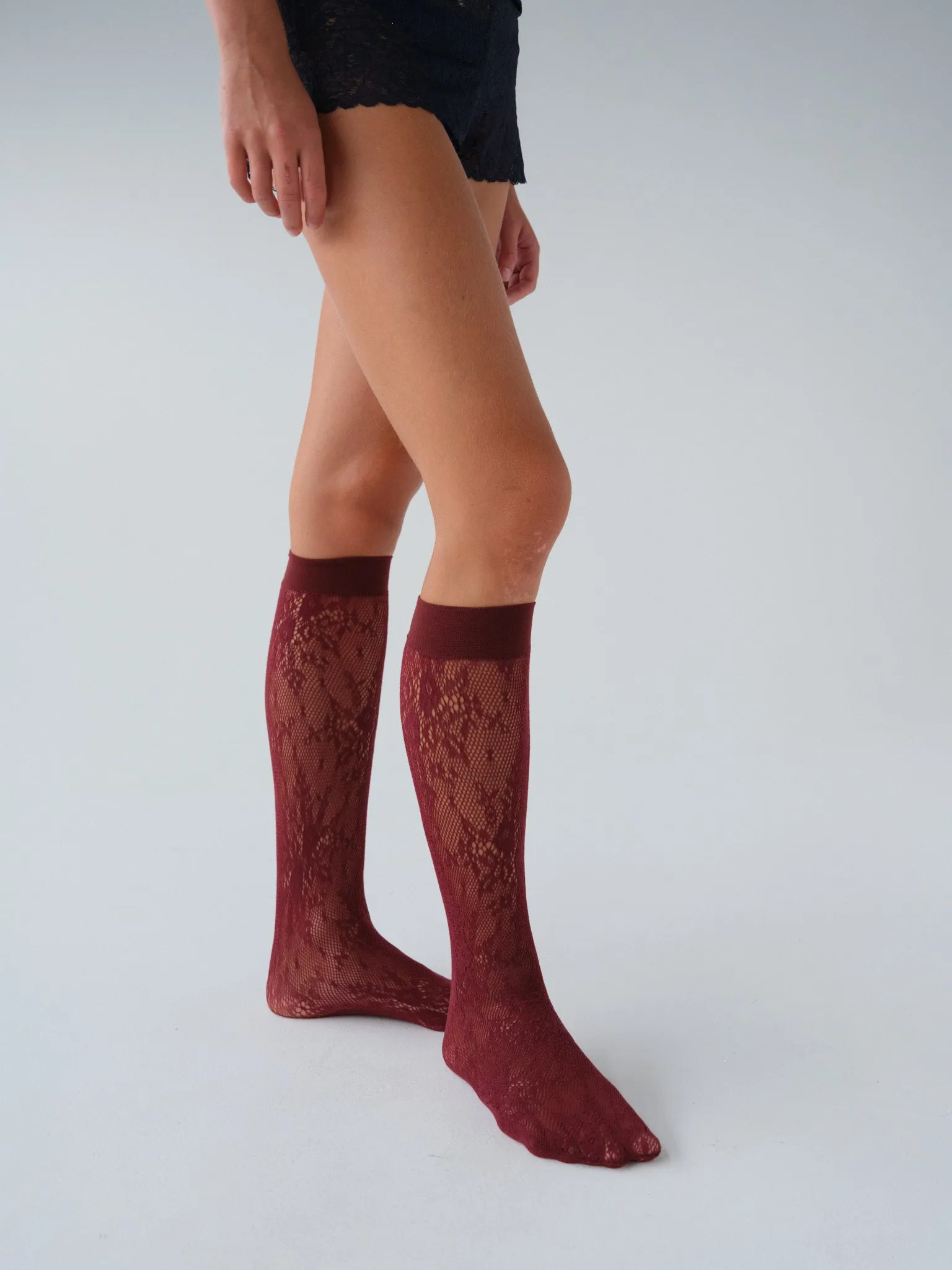 Rosa Lace Knee-Highs Deep Red sold by Fruity Booty