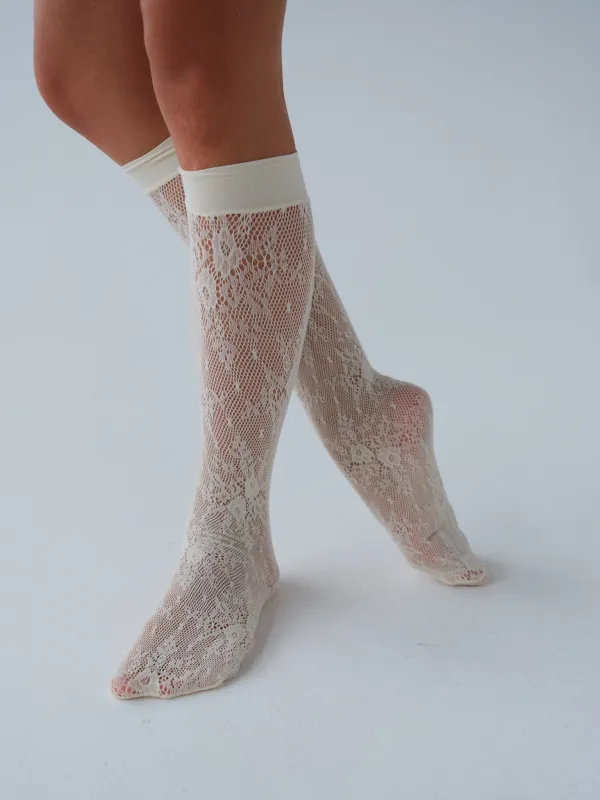 Rosa Lace Knee-Highs Ivory sold by Fruity Booty