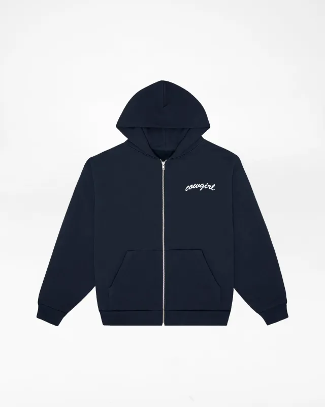 Cowgirl Small Script Zip-Up Hoodie (Navy Blue) made by Cowgirl