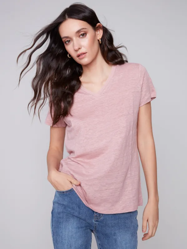 V-Neck Linen T-Shirt - Dusty Rose sold by Charlie B