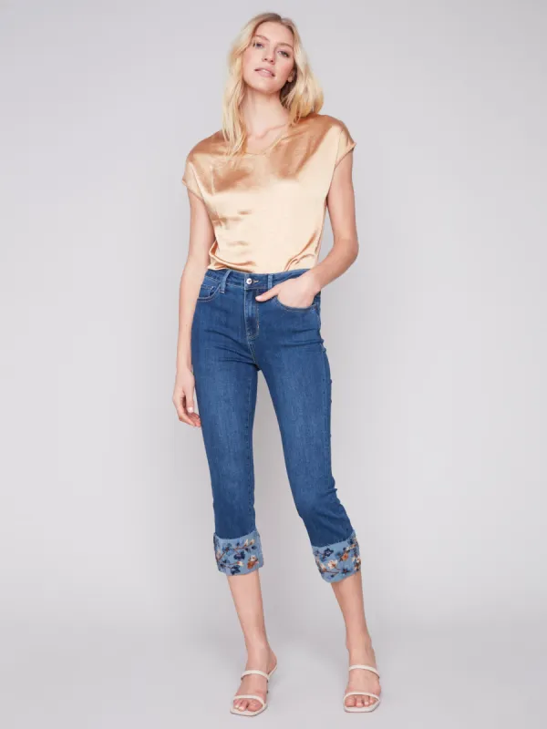 Cropped Jeans with Embroidered Cuff - Indigo made by Charlie B