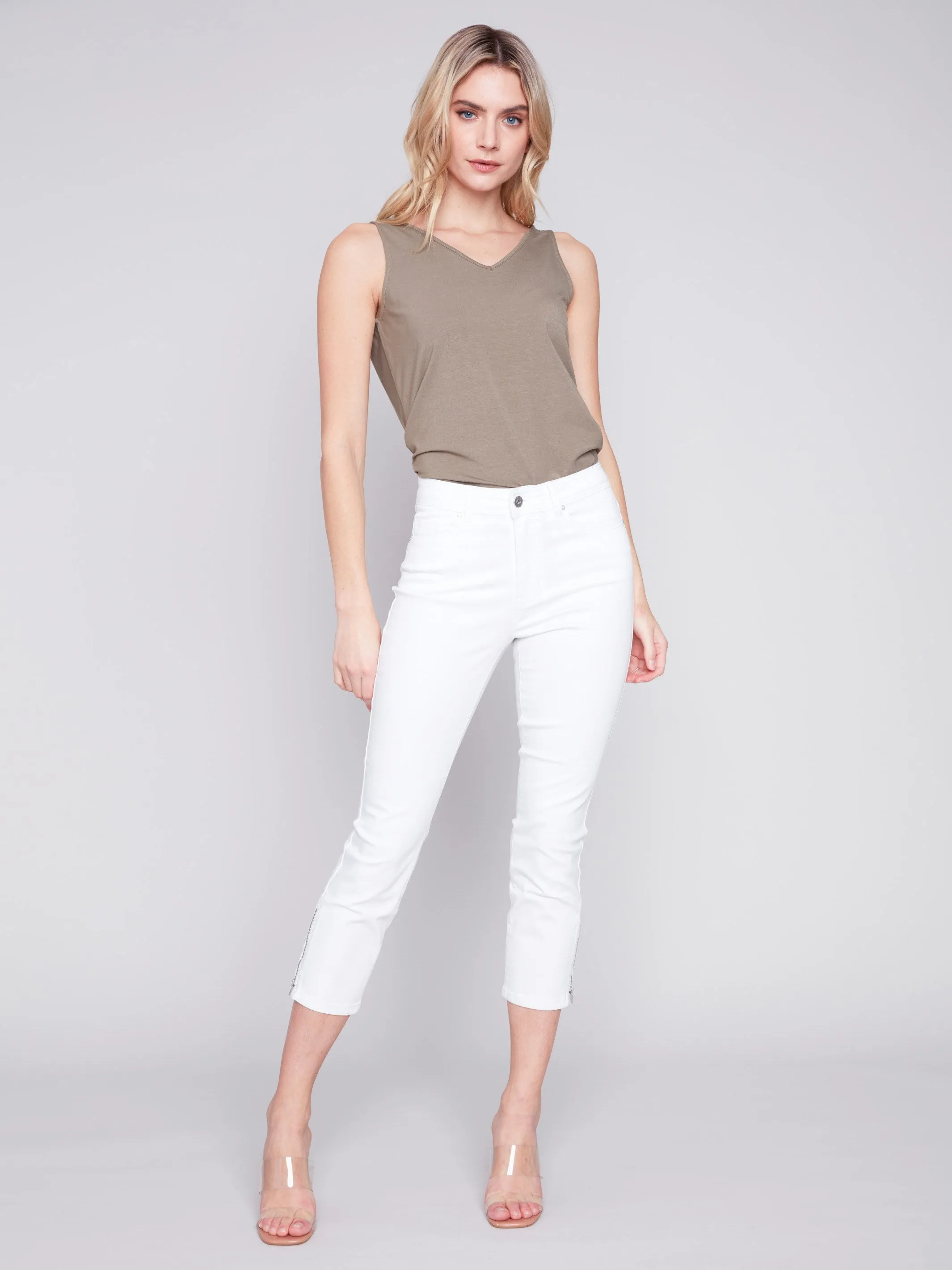 Cropped Twill Pants with Zipper Detail - White sold by Charlie B