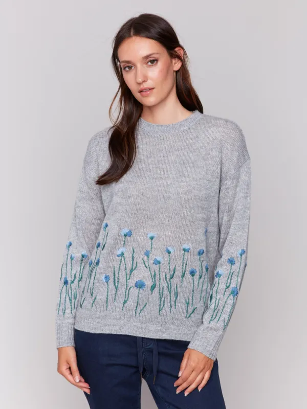 Sweater With Embroidered Flowers - Grey - H-Grey sold by Charlie B