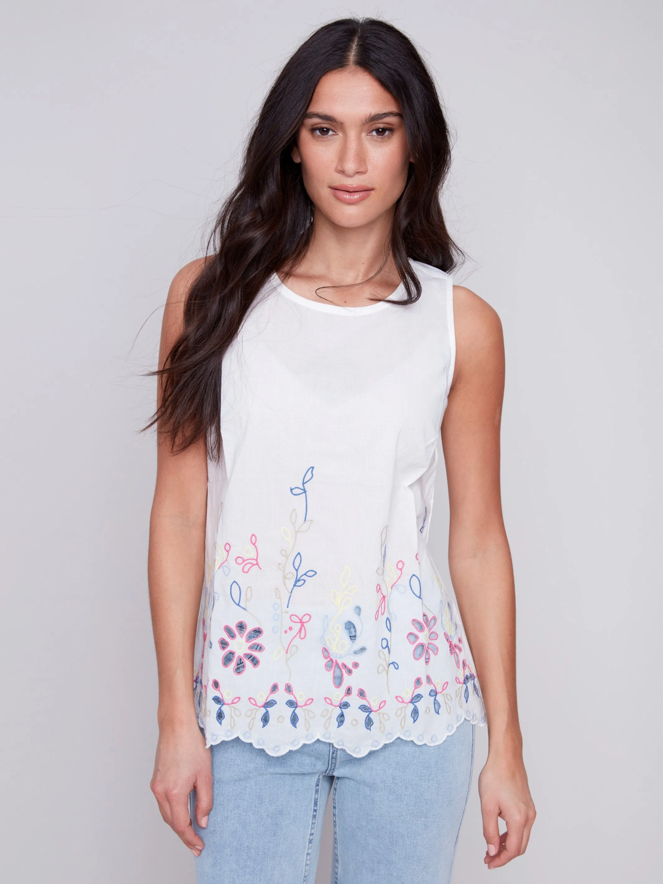 Sleeveless Embroidered Cotton Top - White sold by Charlie B