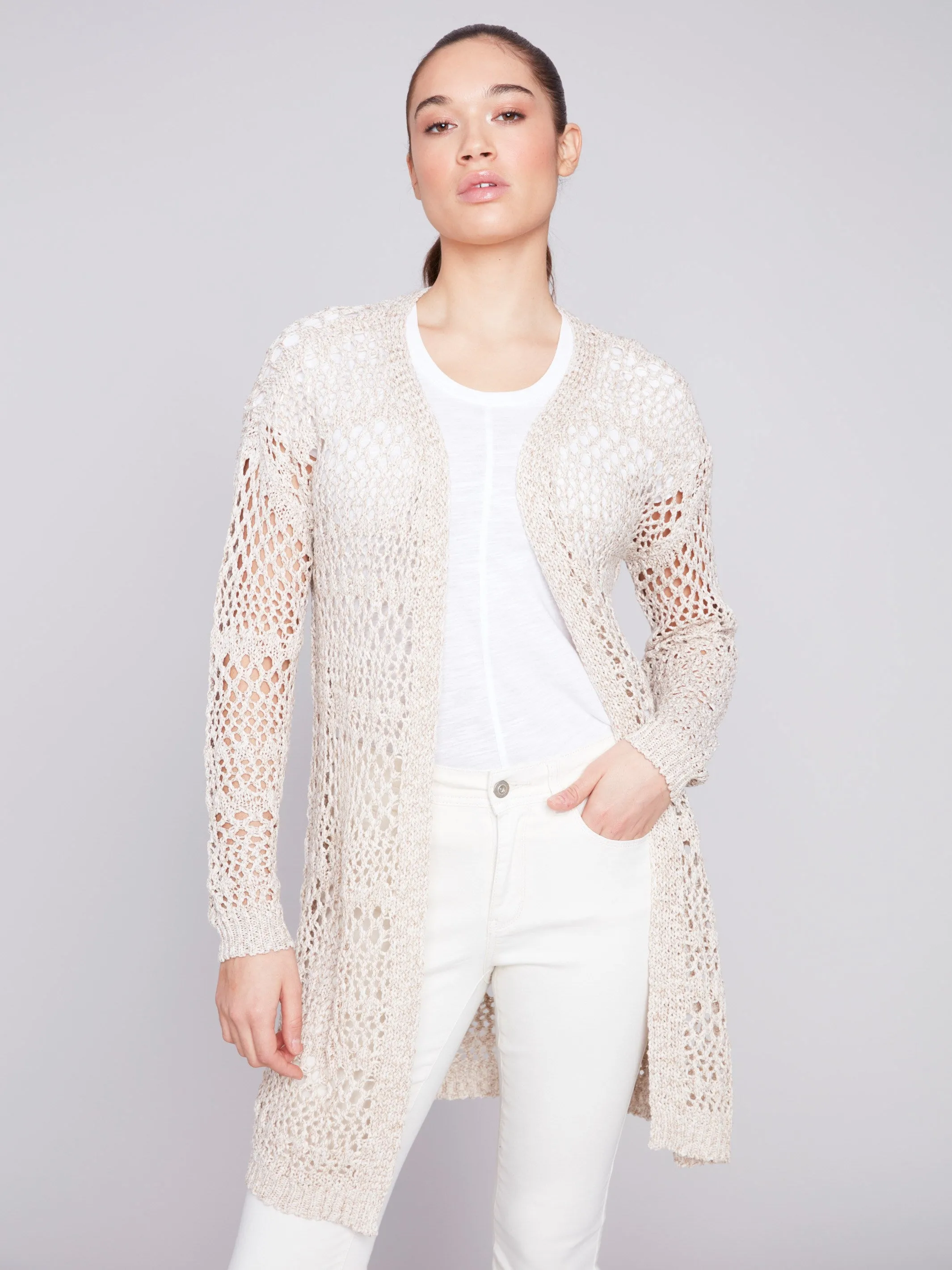 Long Knit Crochet Cardigan - Beige sold by Charlie B
