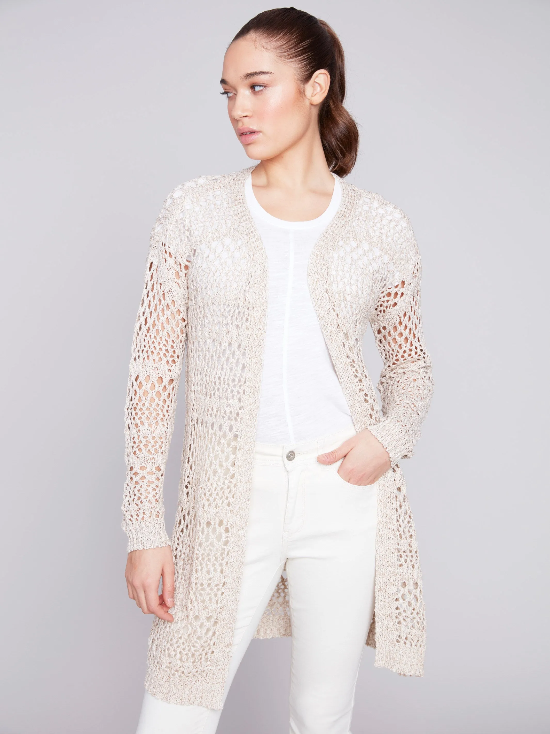 Long Knit Crochet Cardigan - Beige sold by Charlie B product image thumbnail 5