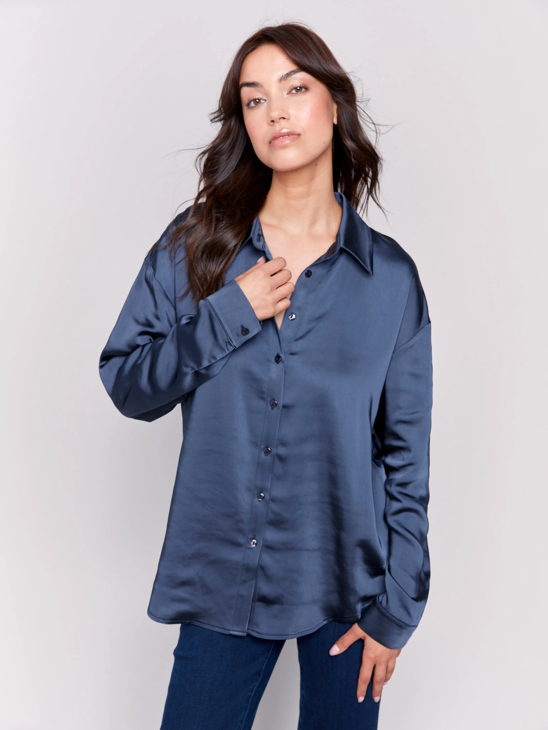 Solid Satin Button-Down Shirt - Navy sold by Charlie B