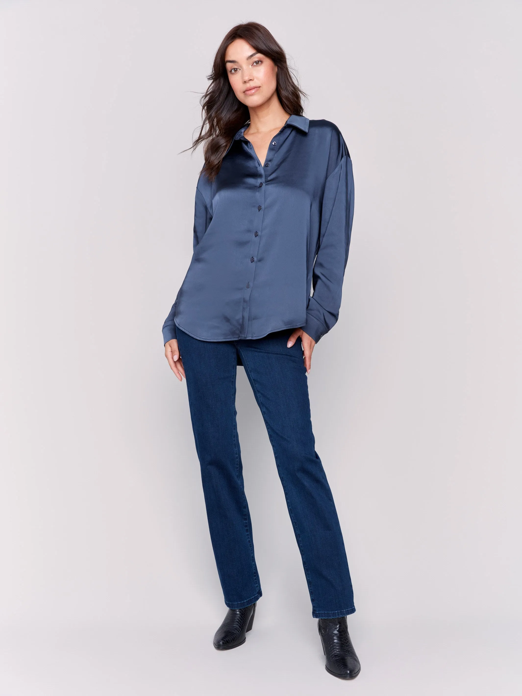 Solid Satin Button-Down Shirt - Navy sold by Charlie B product image thumbnail 2