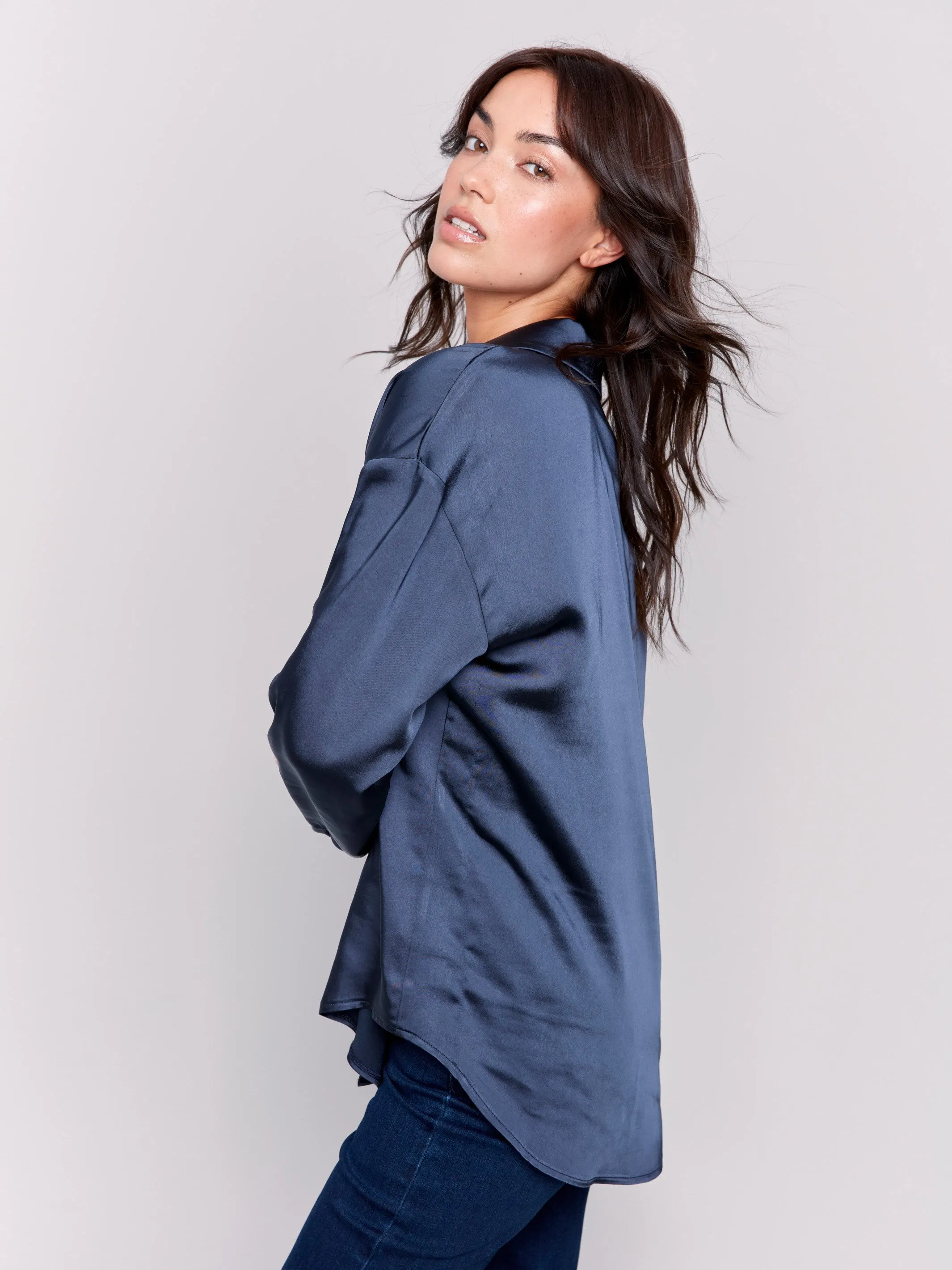 Solid Satin Button-Down Shirt - Navy sold by Charlie B product image thumbnail 3