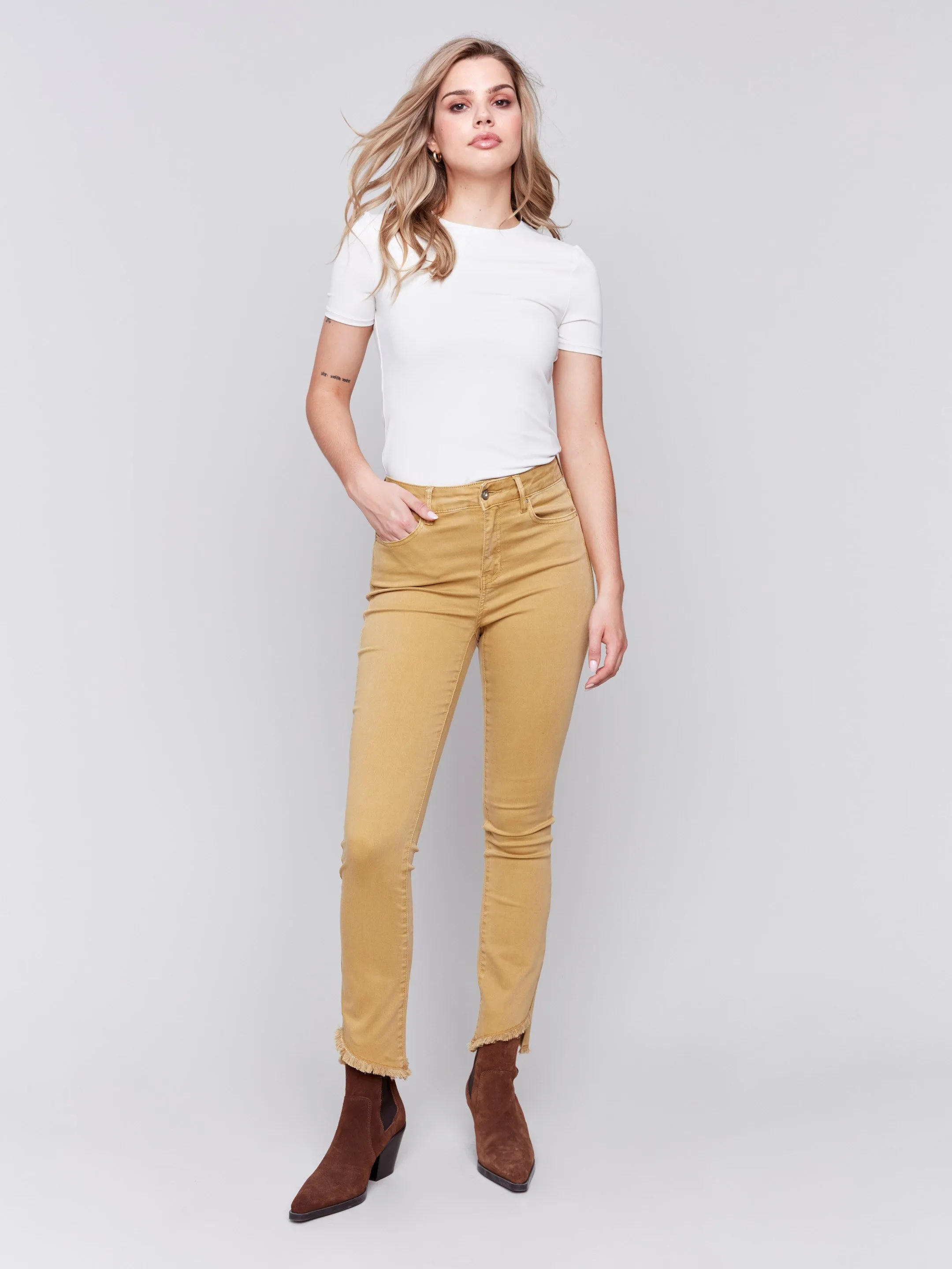 Bootcut Twill Pants with Asymmetrical Hem - Amber sold by Charlie B