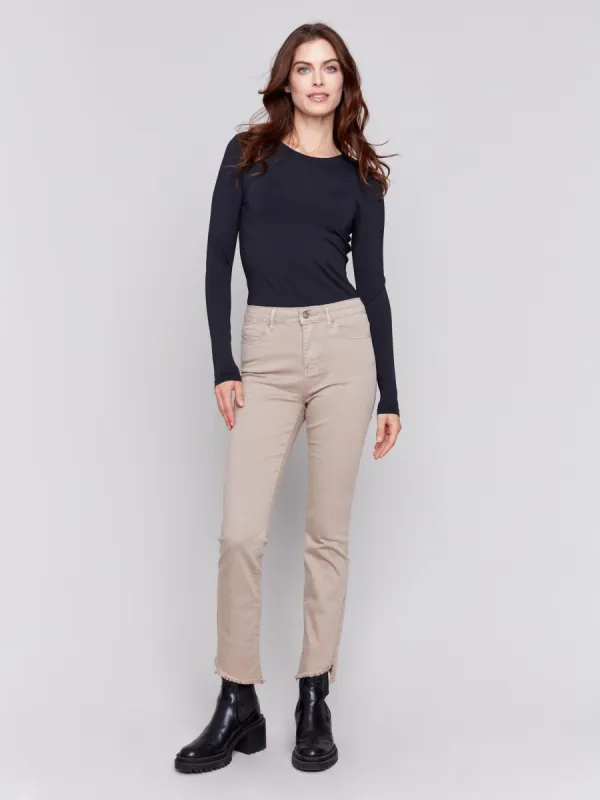 Bootcut Twill Pants With Asymmetrical Hem - Almond sold by Charlie B