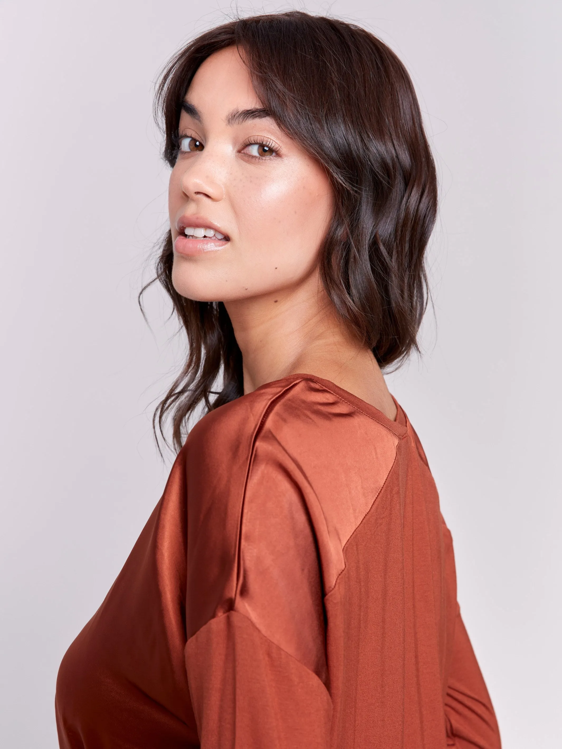 Satin And Jersey V-Neck Knit Top - Terracotta sold by Charlie B product image thumbnail 3