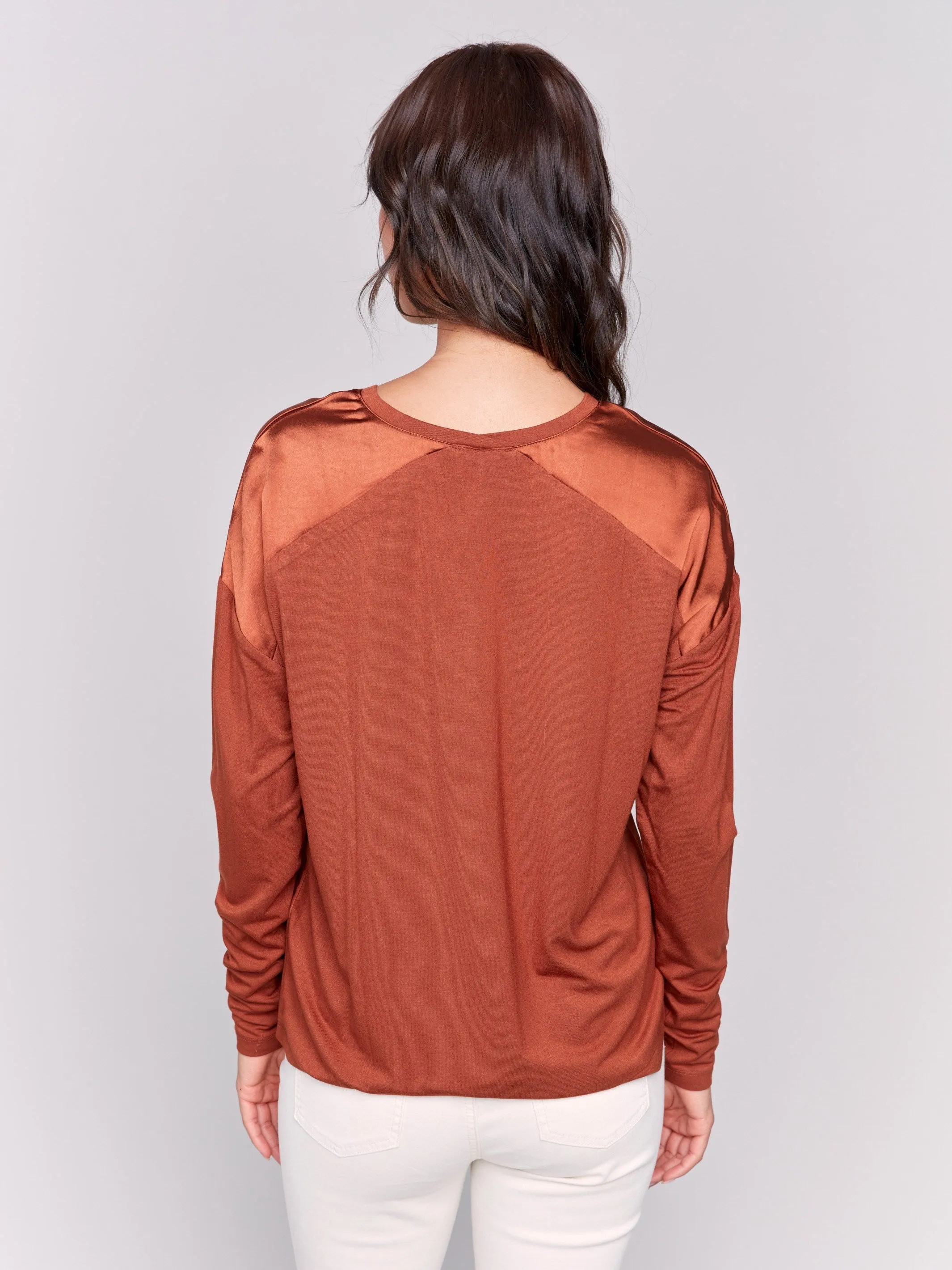 Satin And Jersey V-Neck Knit Top - Terracotta sold by Charlie B product image thumbnail 4
