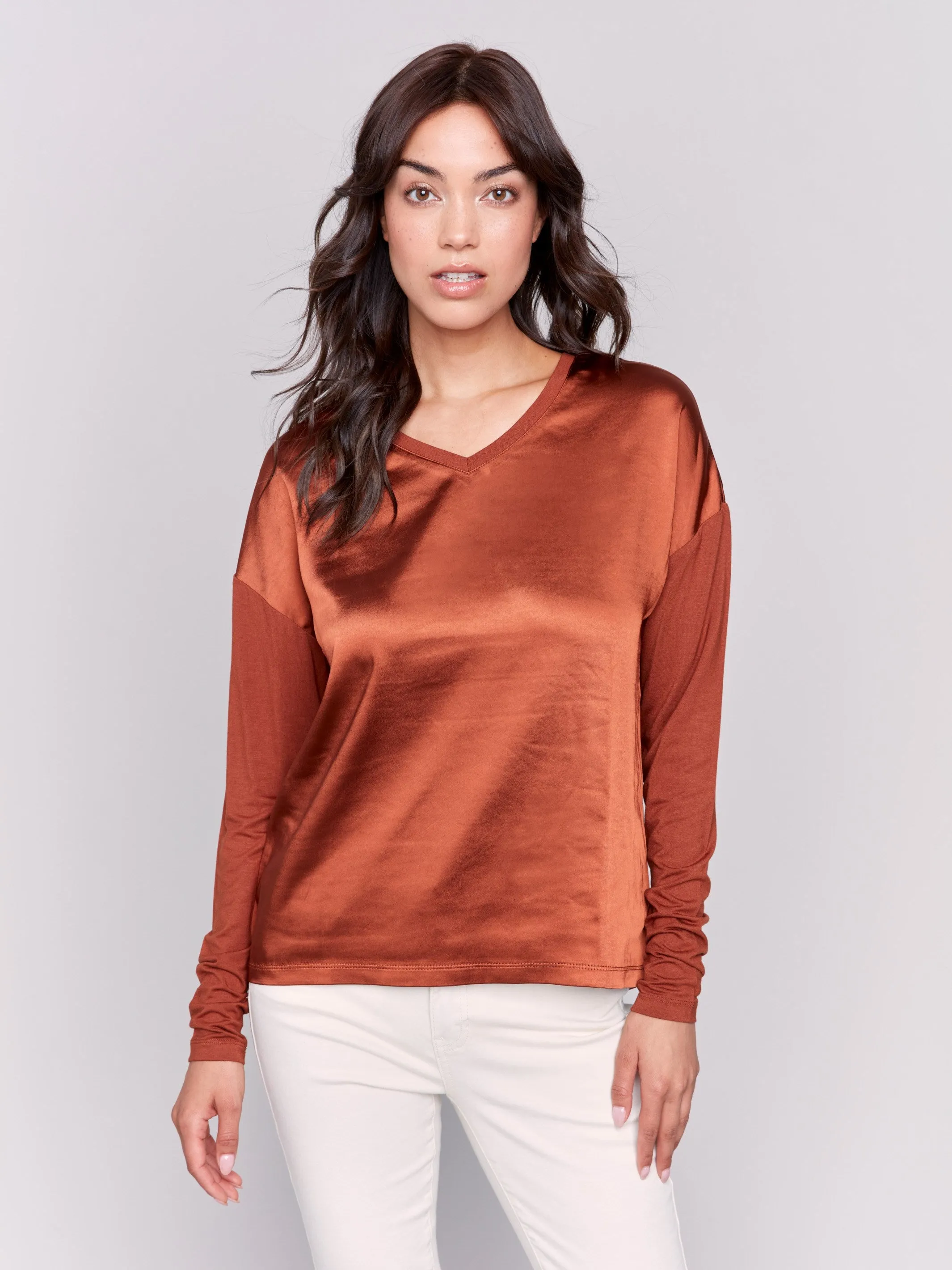 Satin And Jersey V-Neck Knit Top - Terracotta sold by Charlie B