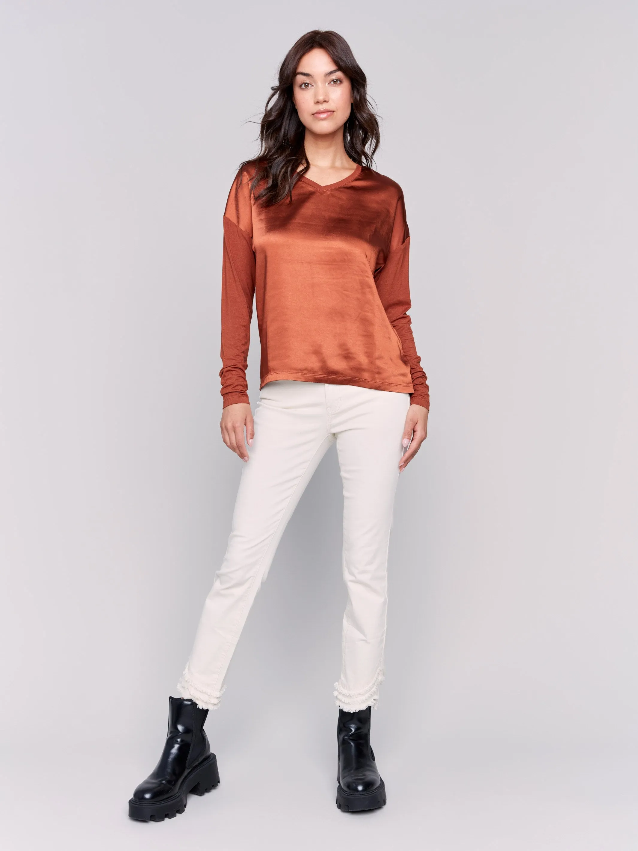 Satin And Jersey V-Neck Knit Top - Terracotta sold by Charlie B product image thumbnail 2