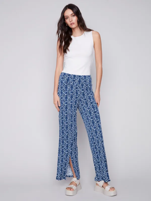 Printed Wide Leg Pants with Front Slits - Indigo sold by Charlie B