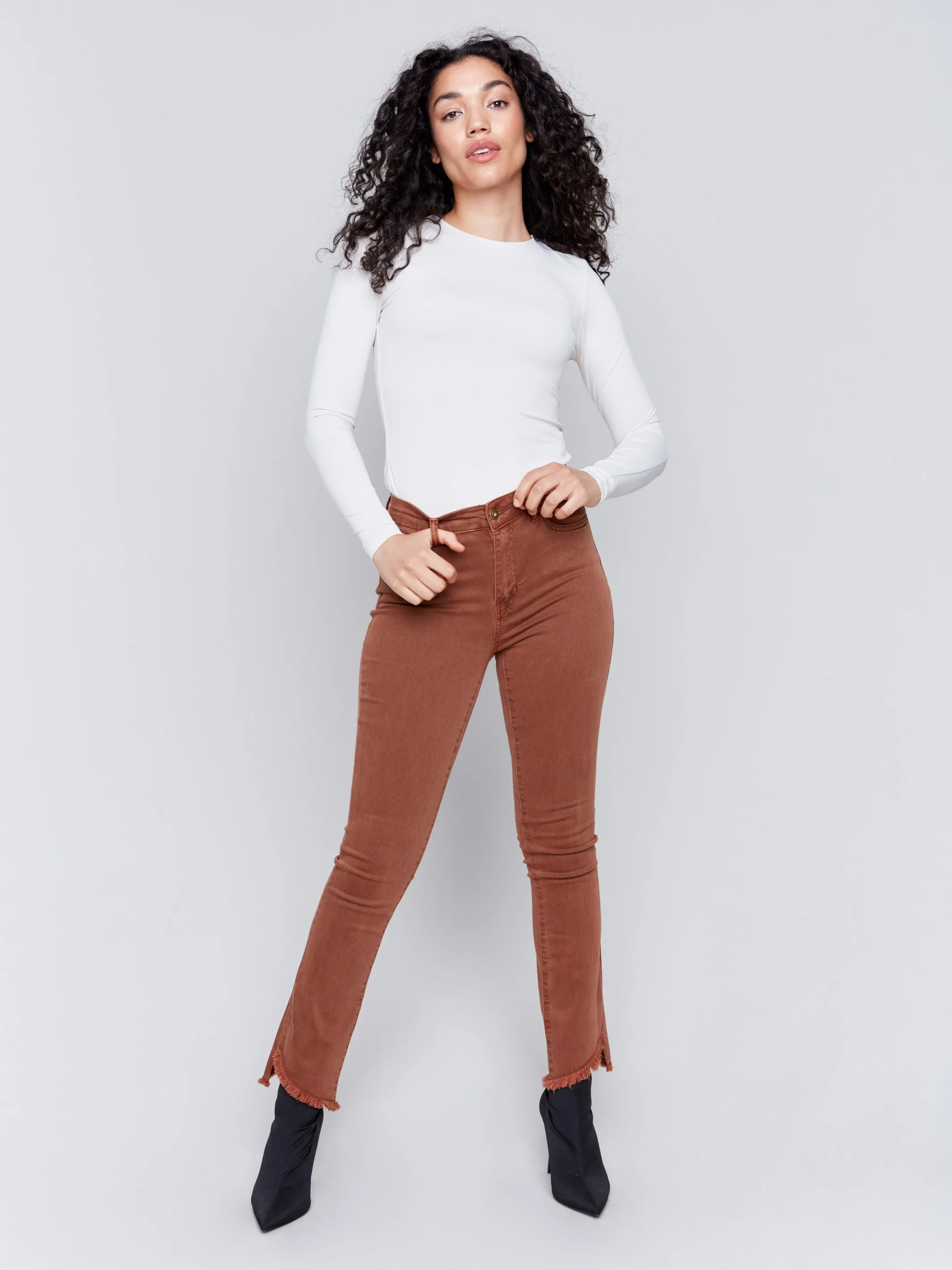 Bootcut Twill Pants With Asymmetrical Hem - Terracotta sold by Charlie B