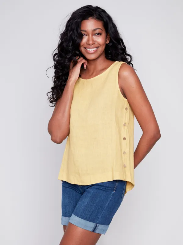 Sleeveless Linen Top with Side Buttons - Corn sold by Charlie B