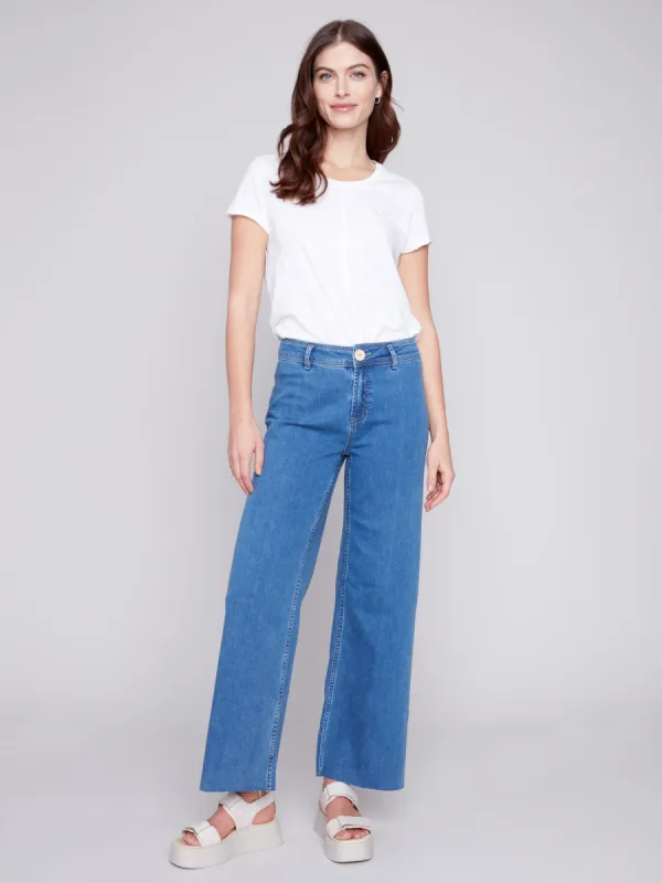 Wide Leg Jeans with Raw Hem - Medium Blue sold by Charlie B