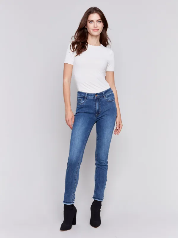 Slim Fit Jeans with Frayed Tulip Hem - Medium Blue sold by Charlie B