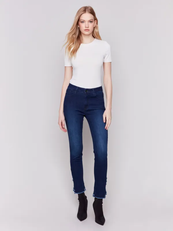 Slim Fit Jeans with Frayed Tulip Hem - Blue Black sold by Charlie B