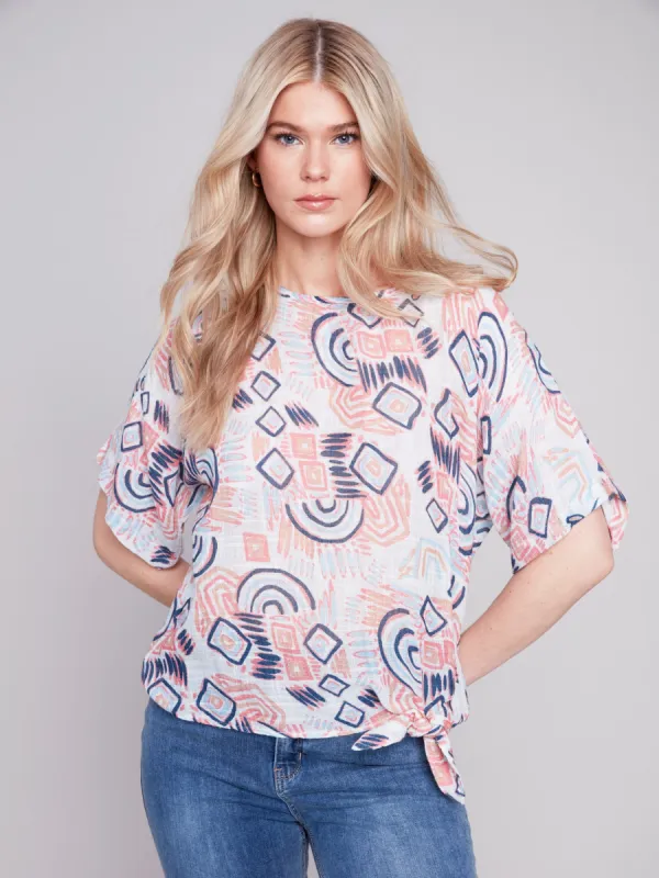 Printed Cotton Gauze Blouse with Side Tie - Scribble sold by Charlie B
