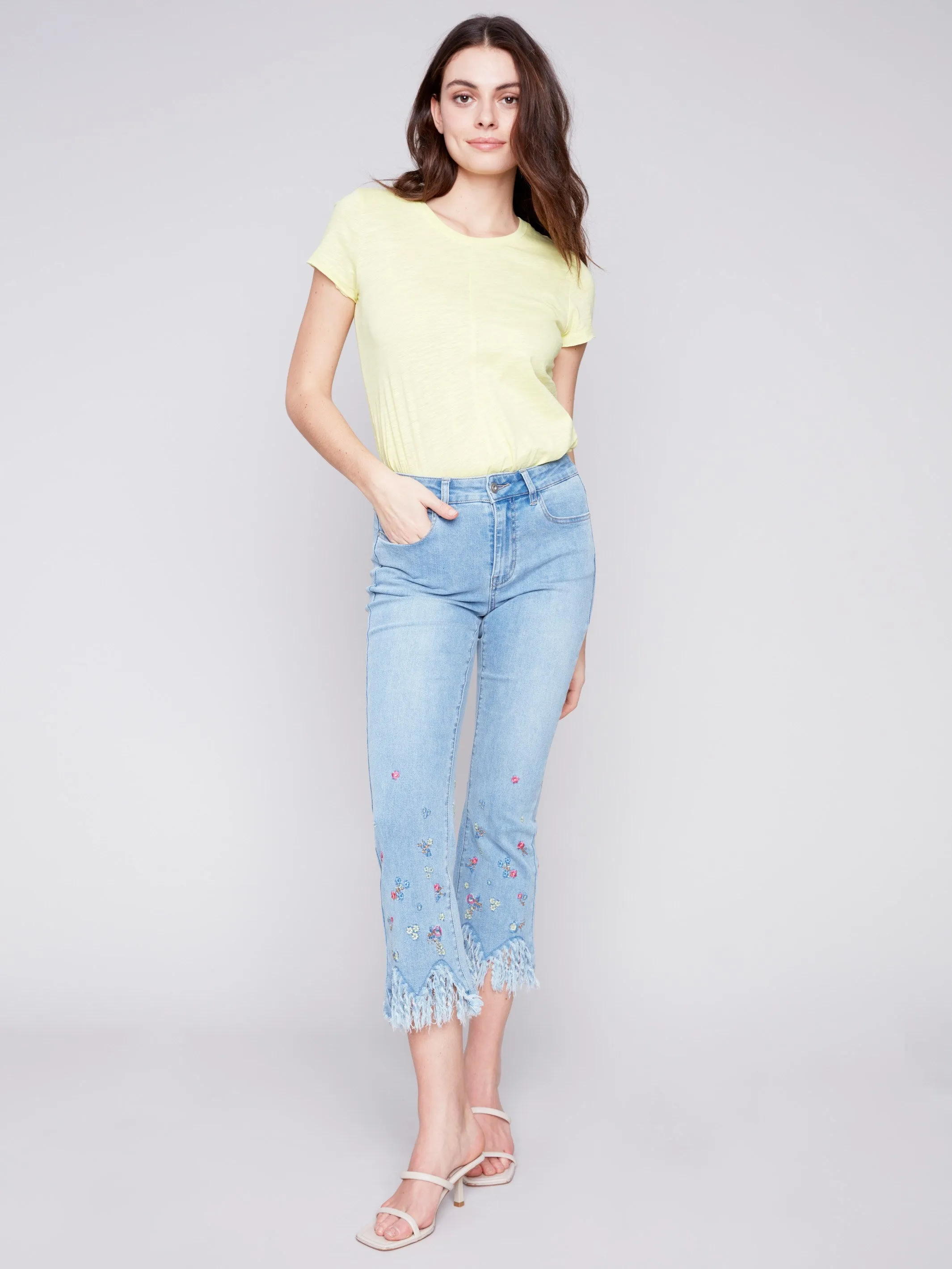 Cropped Jeans with Embroidered Fringed Hem - Light Blue sold by Charlie B product image thumbnail 4