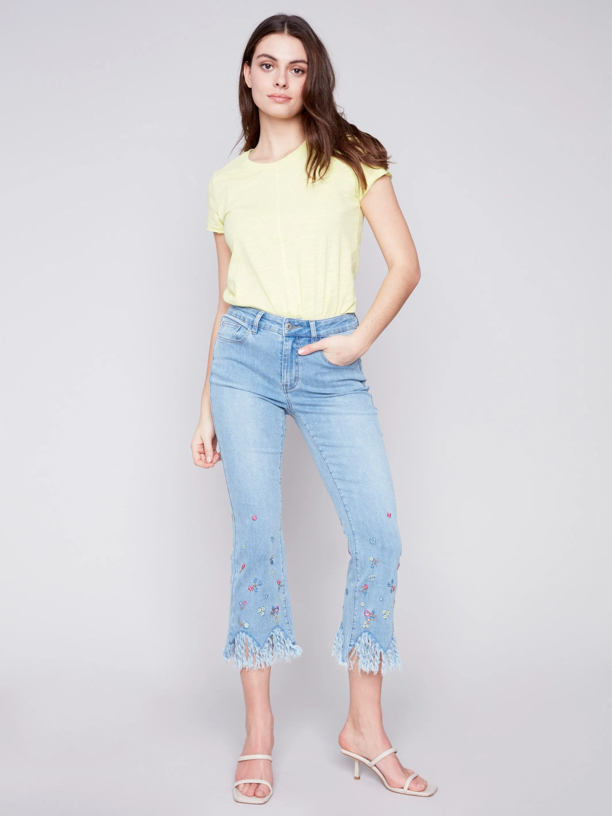 Cropped Jeans with Embroidered Fringed Hem - Light Blue sold by Charlie B