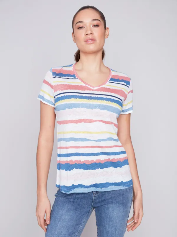 Striped V-Neck Linen T-Shirt - Pastel sold by Charlie B