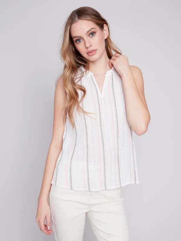 Sleeveless Printed Ruffle Neck Blouse - Stripes sold by Charlie B